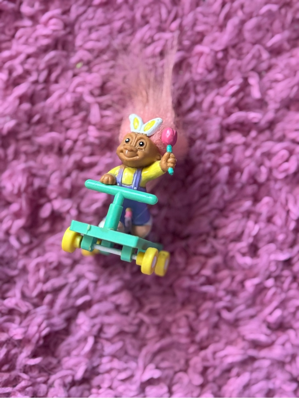 Russ Tiny Easter Trolls troll doll with Bunny Ears on Scooter 1980s vintage